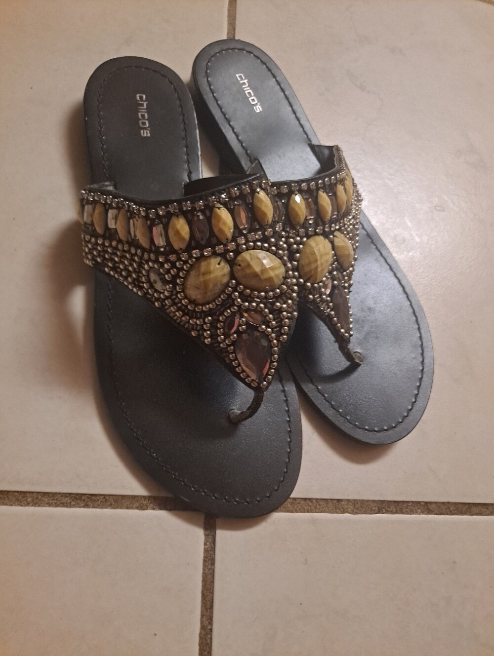 Chico's Black Sandal with Yellow Stone Embellishments